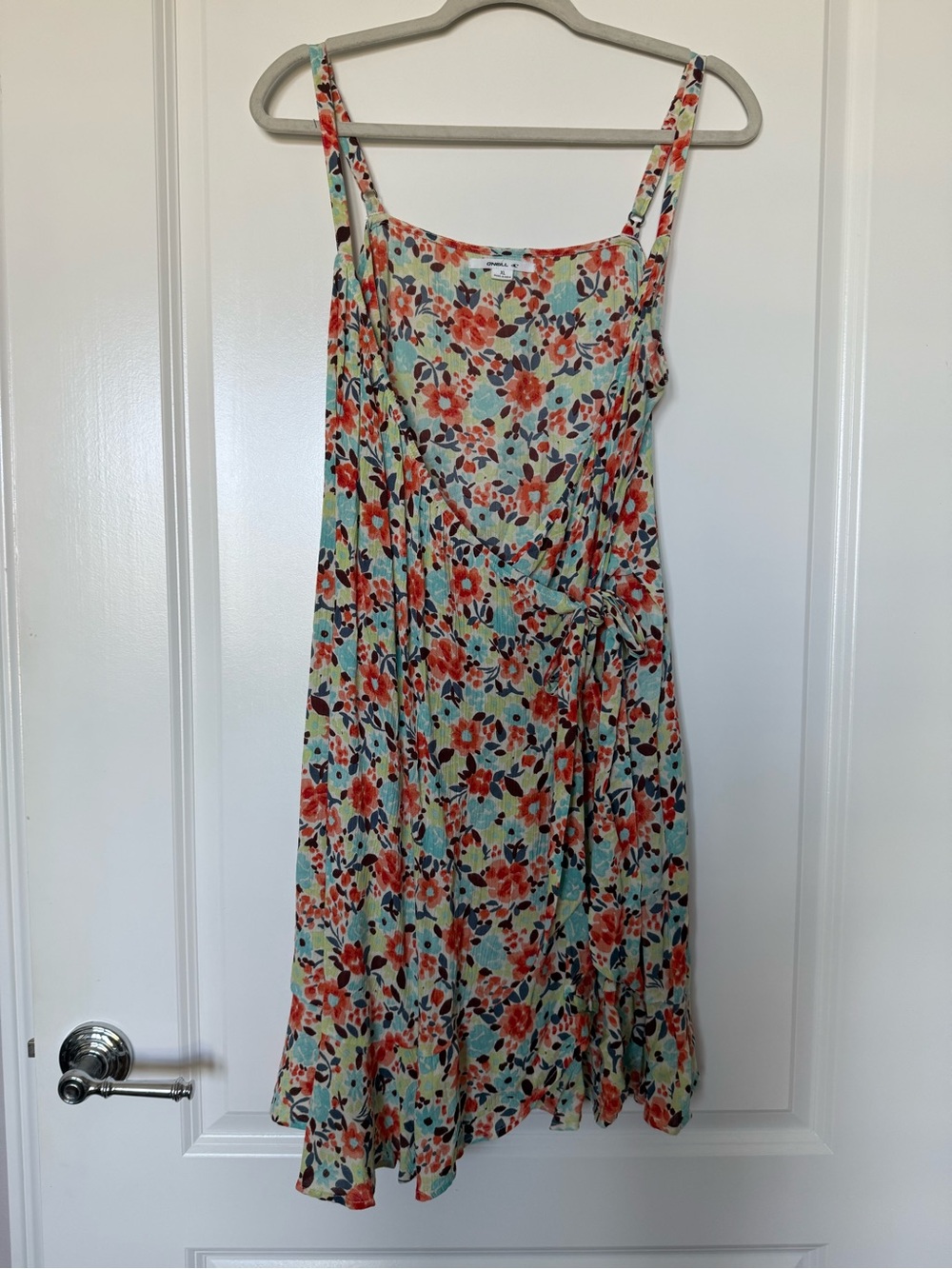 O'Neill Mint Floral Tie-Waist Midi Dress with Coral Blooms